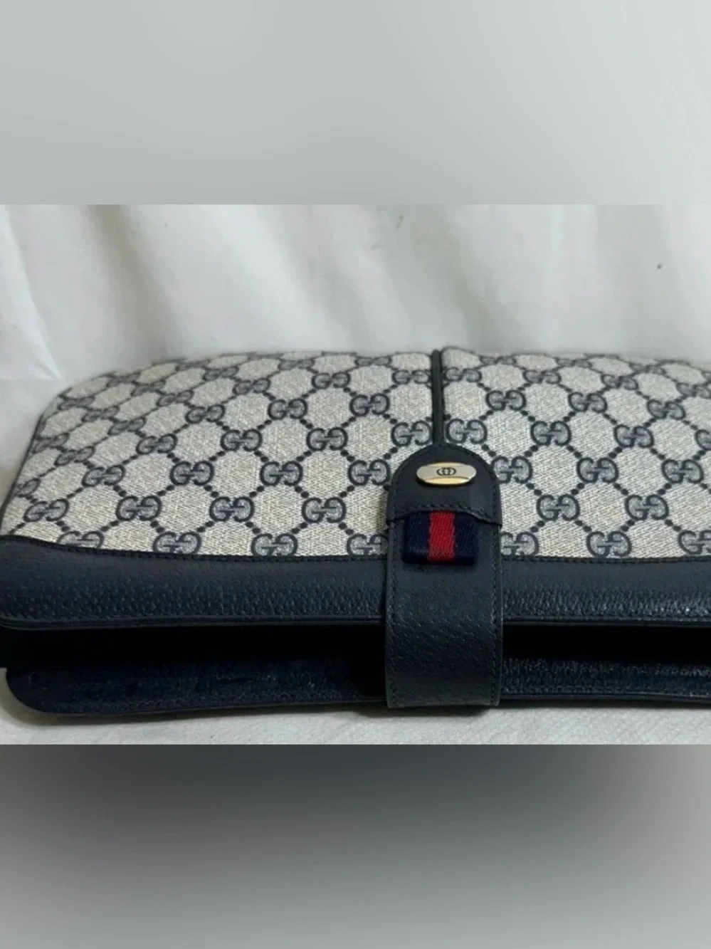 Vintage Gucci Navy GG Monogram Bag with Red Sherry Stripe